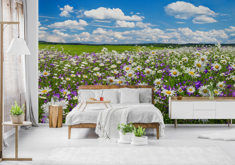 Fototapete mit Blumenwiese und Wolken im Schlafzimmer