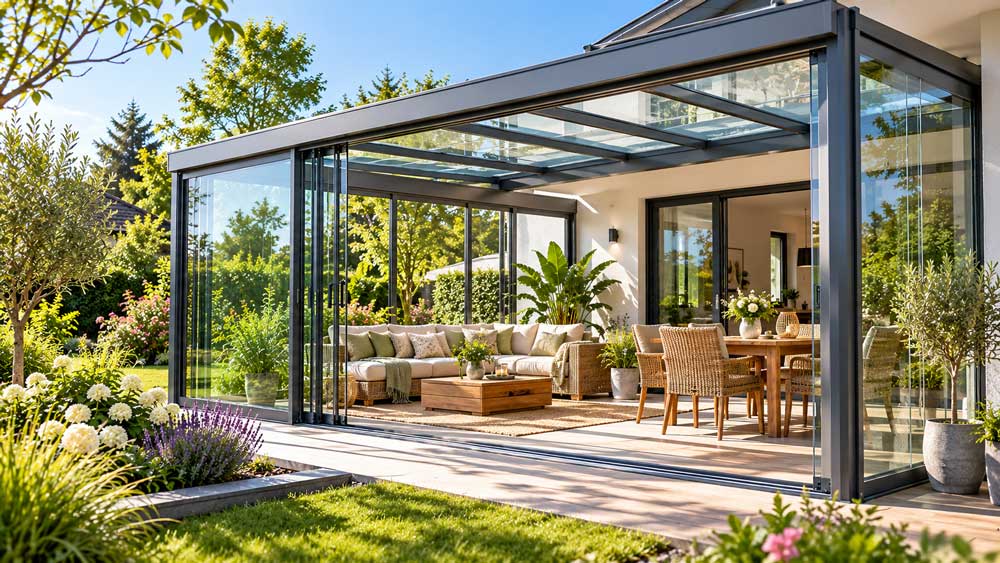 Moderner gläserner Sommergarten im Grünen

