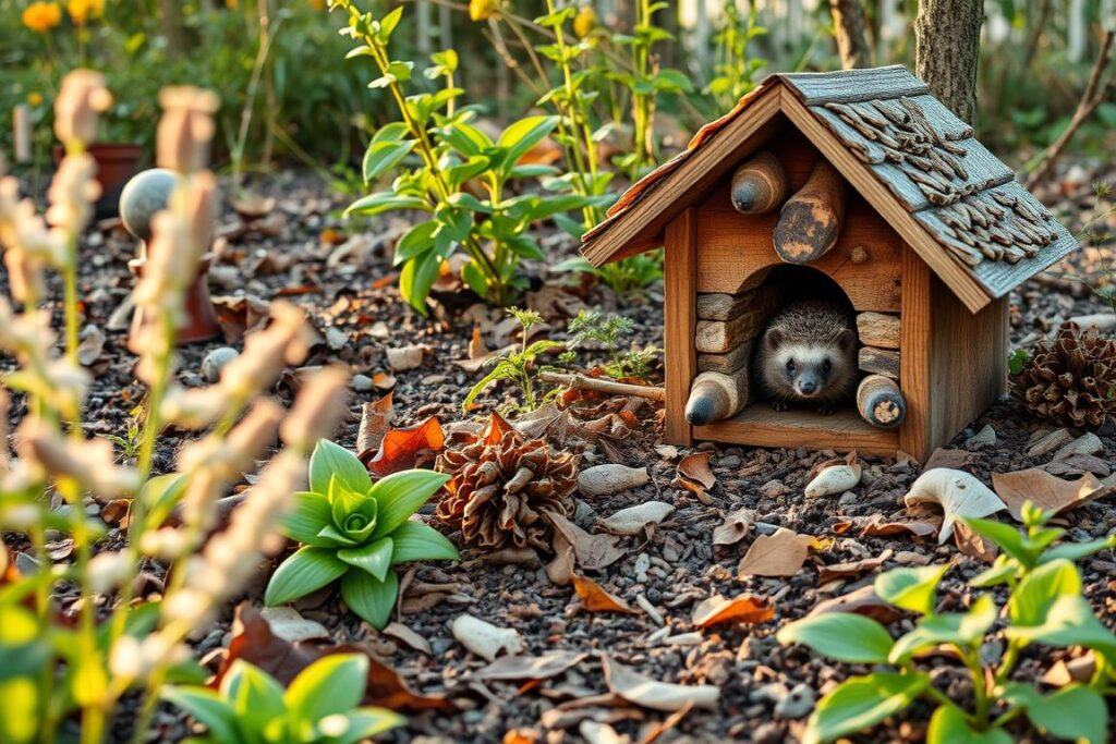 Naturnaher Garten mit Igelhaus, Laubhaufen und insektenfreundlichen Pflanzen als idealer Lebensraum Naturnaher Garten mit Igelhaus, Laubhaufen und insektenfreundlichen Pflanzen als idealer Lebensraum