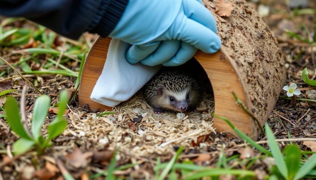 Reinigung und Wartung eines Igelhauses im Frühjahr mit frischem Nistmaterial Reinigung und Wartung eines Igelhauses im Frühjahr mit frischem Nistmaterial