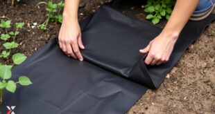 Unkrautfolie wird in einem Gartenbeet verlegt, um Unkrautwachstum zu verhindern