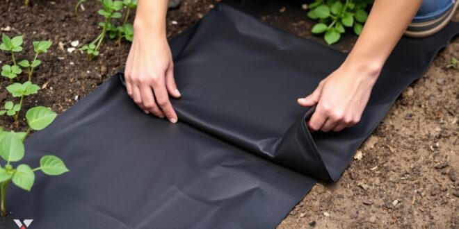 Unkrautfolie wird in einem Gartenbeet verlegt, um Unkrautwachstum zu verhindern