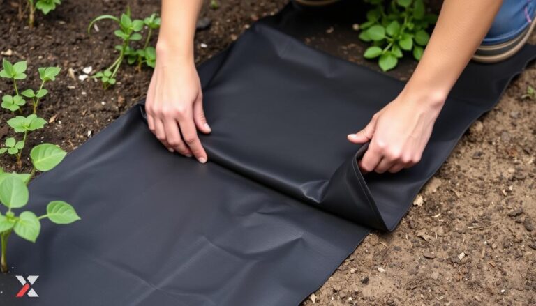 Unkrautfolie wird in einem Gartenbeet verlegt, um Unkrautwachstum zu verhindern