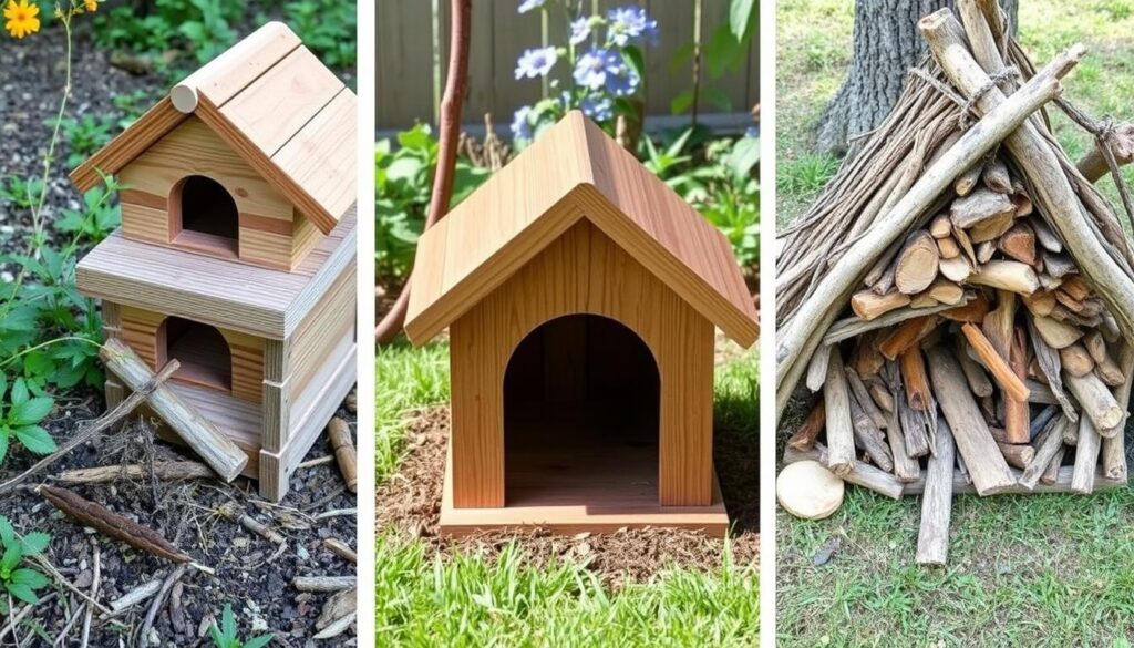 Verschiedene Igelhaustypen nebeneinander: selbstgebautes Holzhaus, gekauftes Modell und natürlicher Unterschlupf aus Reisig Verschiedene Igelhaustypen nebeneinander: selbstgebautes Holzhaus, gekauftes Modell und natürlicher Unterschlupf aus Reisig