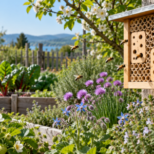 Wildbienenhotel im blühenden Gemüsegarten