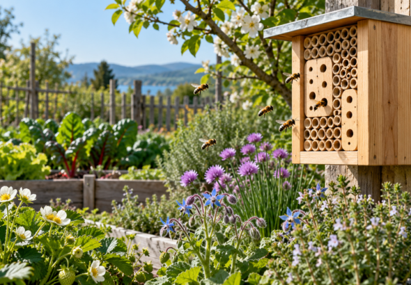 Wildbienenhotel im blühenden Gemüsegarten