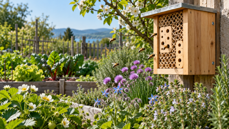 Wildbienenhotel im blühenden Gemüsegarten